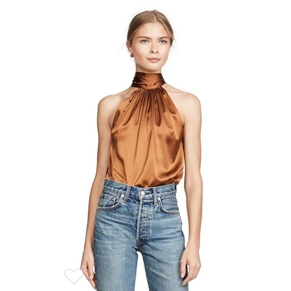 Ramy Brook Lori Halter Tie Back Silk Top in Clay (Red). - Picture 6 of 12